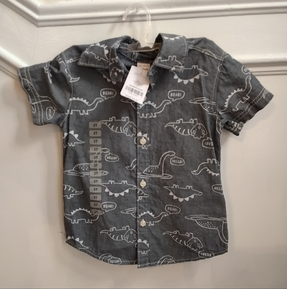 Boys Dino Button-Up Shirt – Gray Short Sleeve (2T)